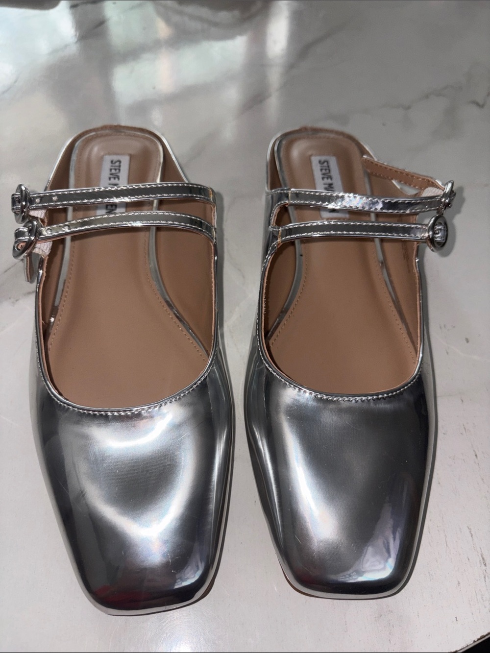 Steve Madden Metallic Silver Double-Strap Mary Jane Flats